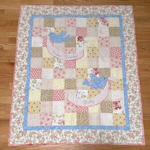 Handmade Patchwork Baby Quilt “Sweet Dreams” Floral Birds 42 x 35 Cotton
